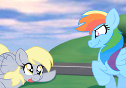 Size: 2555x1800 | Tagged: safe, alternate version, artist:chaosimp2006, derpy hooves, rainbow dash, pegasus, pony, g4, cute, derpabetes, derpy being derpy, duo, duo female, female, lying down, outdoors, prone, roblox, show accurate, stifling laughter, textless, textless version