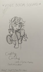 Size: 2431x4080 | Tagged: safe, oc, oc only, oc:crafty circles, unicorn, :t, bow, cute, eyebrows, female, filly, foal, hair bow, horn, looksmaxxing, pencil drawing, raised eyebrow, raised leg, scrunchy face, sigma mare, sketch, solo, tail, tail bow, traditional art, vine boom