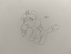 Size: 4080x3072 | Tagged: safe, oc, oc only, oc:crafty circles, unicorn, bow, cute, female, filly, foal, hair bow, happy, horn, open mouth, pencil drawing, sketch, solo, tail, tail bow, traditional art