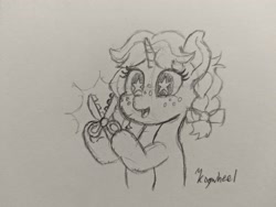 Size: 4080x3072 | Tagged: safe, artist:mkogwheel, oc, oc only, oc:crafty circles, unicorn, bow, colored belly, cute, female, filly, foal, freckles, hair bow, happy, hoof hold, horn, open mouth, pencil drawing, scissors, sketch, solo, starry eyes, traditional art, wingding eyes