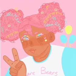 Size: 3224x3224 | Tagged: safe, artist:flutternutters, pinkie pie, human, g4, :p, afro puffs, alternate hairstyle, care bears, clothes, cute, dark skin, diapinkes, eyeshadow, female, humanized, makeup, one eye closed, peace sign, pink background, shirt, simple background, solo, tongue out, wink