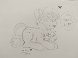 Size: 4080x3072 | Tagged: safe, oc, oc only, oc:crafty circles, unicorn, ^^, bow, butt freckles, cute, dialogue, ear fluff, eyes closed, female, filly, foal, freckles, hair bow, happy, heart, horn, lying down, offscreen character, open mouth, pencil drawing, prone, sketch, solo, tail, tail bow, traditional art