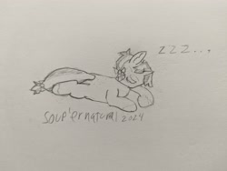 Size: 4080x3072 | Tagged: safe, oc, oc only, oc:crafty circles, unicorn, bow, butt freckles, coat markings, cute, female, filly, foal, freckles, hair bow, horn, lidded eyes, lying down, onomatopoeia, pencil drawing, sketch, sleeping, snoring, socks (coat markings), solo, sound effects, tail, tail bow, traditional art, zzz