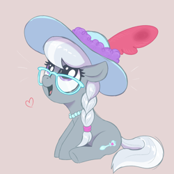 Size: 2400x2400 | Tagged: safe, artist:t72b, silver spoon, earth pony, pony, g4, braid, cute, feather, female, filly, flower, foal, glasses, happy, hat, jewelry, necklace, open mouth, open smile, pearl necklace, silverbetes, simple background, sitting, smiling, sun hat