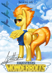 Size: 1500x2100 | Tagged: safe, artist:redruin01, spitfire, pegasus, pony, g4, butt, female, firebutt, looking at you, looking back, looking back at you, mare, my eyes are up here, outdoors, pinup, plot, poster, solo focus, spread wings, sunglasses, wings