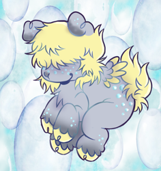 Size: 888x942 | Tagged: safe, artist:fairypills, artist:xx_pawdust_xx, derpy hooves, dog, g4, bubble, colored wings, cute, derp, dogified, hair over eyes, solo, species swap, two toned wings, wings