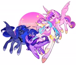 Size: 2459x2117 | Tagged: safe, artist:pplaoxiansheng, princess cadance, princess celestia, princess luna, twilight sparkle, alicorn, pony, g4, celestia's crown, coat markings, ethereal mane, female, group, hoof shoes, jewelry, looking at each other, looking at someone, luna's crown, mare, peytral, princess shoes, quartet, raised hoof, regalia, royal sisters, siblings, simple background, sisters, smiling, smiling at each other, smiling at someone, sparkles, spread wings, starry mane, text, twilight sparkle (alicorn), white background, wings