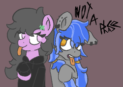 Size: 1063x758 | Tagged: safe, artist:trash mare, oc, oc only, oc:doomy gloom, earth pony, pegasus, pony, clothes, duo, ear piercing, female, hoodie, looking at each other, looking at someone, mare, open mouth, piercing, simple background, text, tongue out