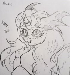 Size: 1914x2049 | Tagged: safe, artist:starkey, oc, changeling, mouse, unicorn, broken horn, changeling oc, fangs, half body, horn, monochrome, sketch, smiling, solo, tongue out, traditional art