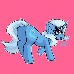 Size: 2000x2000 | Tagged: safe, artist:jubyskylines, trixie, pony, unicorn, g4, butt, chest fluff, ear fluff, female, horn, looking back, mare, open mouth, pink background, plot, simple background, solo, tail, the great and powerful ass, unshorn fetlocks