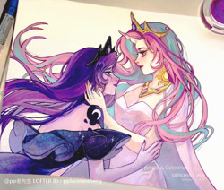 Size: 750x636 | Tagged: safe, artist:pplaoxiansheng, princess celestia, princess luna, human, g4, crying, cutie mark on human, duo, duo female, female, horn, horned humanization, humanized, jewelry, looking at each other, looking at someone, regalia, traditional art