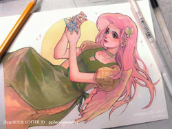 Size: 750x563 | Tagged: safe, artist:pplaoxiansheng, fluttershy, butterfly, human, g4, female, hairpin, humanized, solo, traditional art, winged humanization, wings