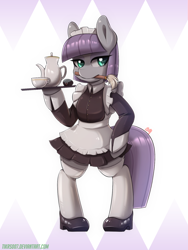 Size: 1200x1600 | Tagged: safe, artist:tikrs007, boulder (g4), maud pie, earth pony, semi-anthro, g4, clothes, commission open, maid, mouth hold, serving tray, solo, teapot