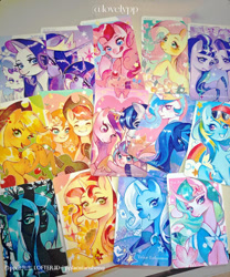 Size: 750x902 | Tagged: safe, artist:pplaoxiansheng, applejack, bright mac, fluttershy, mistmane, opalescence, pear butter, pinkie pie, princess cadance, princess celestia, princess flurry heart, princess luna, queen chrysalis, rainbow dash, rarity, shining armor, starlight glimmer, sunset shimmer, trixie, twilight sparkle, alicorn, changeling, changeling queen, earth pony, pegasus, pony, unicorn, g4, card, flower, guitar, horn, mane six, musical instrument, older, older twilight, s5 starlight, sunflower, young mistmane