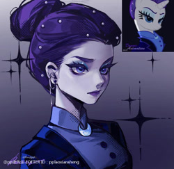 Size: 750x730 | Tagged: safe, artist:danzeianimation, artist:pplaoxiansheng, rarity, human, pony, unicorn, g4, alternate hairstyle, alternate timeline, beautiful, beautisexy, blue eyeshadow, clothes, ear piercing, earring, eyeshadow, female, gradient background, hair beads, hair bun, horn, humanized, jacket, jewelry, lidded eyes, lipstick, makeup, mare, night maid rarity, nightmare takeover timeline, piercing, purple lipstick, solo, sparkles, unimpressed, waifu material