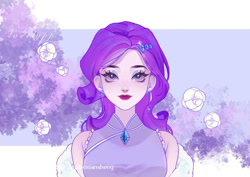 Size: 750x531 | Tagged: safe, artist:pplaoxiansheng, rarity, human, g4, abstract background, bust, female, humanized, looking at you, smiling, smiling at you, solo