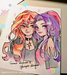 Size: 750x846 | Tagged: safe, artist:pplaoxiansheng, starlight glimmer, sunset shimmer, human, g4, arm around neck, beanie, duo, duo female, female, hat, humanized, jewelry, necklace, traditional art