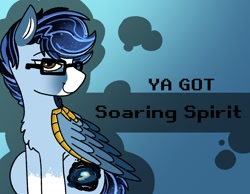 Size: 1348x1048 | Tagged: safe, artist:bluemoon, oc, oc only, oc:soaring spirit, pegasus, pony, accessory, armor, coat markings, commission, facial markings, folded wings, glasses, gradient background, male, markings, multicolored hair, multicolored mane, multicolored tail, pegasus oc, sitting, socks (coat markings), solo, stallion, tail, three toned wings, wing armor, wing brace, wings, ya got, ych result