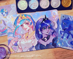 Size: 750x599 | Tagged: safe, artist:pplaoxiansheng, princess celestia, princess luna, alicorn, human, pony, g4, clothes, dress, duo, ear piercing, earring, female, humanized, irl, jewelry, mare, paint, photo, piercing, regalia, royal sisters, siblings, sisters, traditional art, watercolor painting