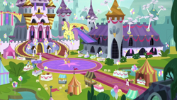 Size: 1280x720 | Tagged: safe, screencap, cayenne, dee six, night light, parasol, polo play, pretzel twist, pegasus, pony, unicorn, g4, the ending of the end, canterlot, fan, horn, las pegasus resident, outdoors