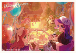 Size: 750x521 | Tagged: safe, artist:pplaoxiansheng, applejack, fluttershy, pinkie pie, rainbow dash, rarity, sunset shimmer, human, rabbit, g4, animal, balloon, christmas, christmas stocking, christmas tree, cup, fireplace, holiday, humanized, indoors, looking at you, looking back, looking back at you, passepartout, present, smiling, smiling at you, teacup, tree