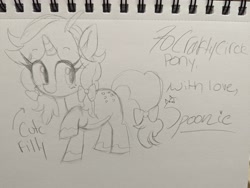 Size: 4080x3072 | Tagged: safe, artist:spoonie, oc, oc only, oc:crafty circles, unicorn, bow, butt freckles, coat markings, colored belly, cute, female, filly, foal, freckles, hair bow, horn, looking at you, pencil drawing, sketch, smiling, socks (coat markings), solo, tail, tail bow, traditional art