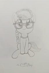 Size: 2174x3210 | Tagged: safe, artist:craftycirclepony, silver spoon, earth pony, g4, cute, female, filly, foal, glasses, jewelry, looking at you, necklace, pearl necklace, pencil drawing, sitting, sketch, smiling, solo, traditional art