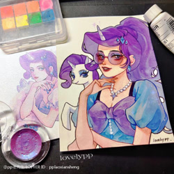 Size: 750x750 | Tagged: safe, artist:pplaoxiansheng, rarity, human, pony, g4, breasts, cleavage, ear piercing, earring, hairpin, horn, horned humanization, human ponidox, humanized, jewelry, necklace, piercing, self paradox, self ponidox, solo, sunglasses, traditional art