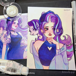 Size: 750x750 | Tagged: safe, artist:pplaoxiansheng, starlight glimmer, human, pony, g4, ear piercing, eye clipping through hair, horn, horned humanization, human ponidox, humanized, piercing, self paradox, self ponidox, solo, traditional art