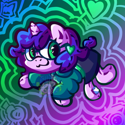 Size: 3632x3632 | Tagged: safe, artist:endercatcore, oc, oc only, oc:artshine aura, original species, plush pony, pony, unicorn, abstract background, glasses, gradient background, horn, nonbinary oc, plushie, ponysona, solo, unicorn oc, watermark