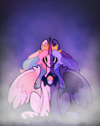 Size: 2000x2500 | Tagged: safe, artist:lionbun, princess celestia, princess luna, alicorn, pony, g4, alternate universe, chromatic aberration, colored horn, ethereal mane, eyestrain warning, female, fog, fusion, fusion:lunestia, fusion:princess celestia, fusion:princess luna, goddess, horn, jewelry, looking at you, mare, peytral, redesign, sitting, spread wings, tiara, wings