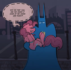 Size: 2112x2080 | Tagged: safe, artist:hauntingrabbits, pinkie pie, earth pony, human, pony, g4, batman, colored hooves, crossover, dc comics, dialogue, duo, duo male and female, ears back, female, holding a pony, hooves, male, mare, multicolored hooves, narrowed eyes, speech bubble