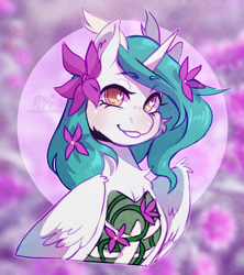 Size: 1136x1280 | Tagged: safe, artist:wolfiebane, oc, oc only, alicorn, pony, alicorn oc, bone, bust, ear fluff, flower, flower in hair, heart, heart eyes, horn, looking at you, plant, ribcage, smiling, solo, wingding eyes, wings