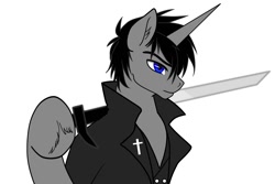 Size: 1500x1000 | Tagged: safe, artist:ruchiyoto, oc, oc only, oc:black cross, pony, unicorn, horn, male, raised hoof, simple background, solo, stallion, sword, weapon, white background