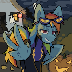 Size: 2048x2048 | Tagged: safe, artist:crashbrush, rainbow dash, pegasus, pony, mlp fim's fourteenth anniversary, g4, luna eclipsed, clothes, costume, ear fluff, feathered wings, female, garland, halloween, halloween costume, holiday, jack-o-lantern, looking at you, mare, multicolored hair, nightmare night costume, outdoors, pumpkin, shadowbolt dash, shadowbolts costume, smiling, smiling at you, solo, wing gesture, wings