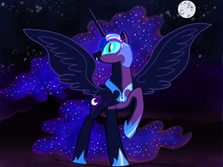 Size: 2732x2048 | Tagged: safe, artist:felisamafeles, derpibooru exclusive, nightmare moon, alicorn, pony, mlp fim's fourteenth anniversary, g4, blue eyes, cloud, digital art, eyeshadow, fangs, female, field, flowing mane, flowing tail, full body, full moon, helmet, hoof shoes, horn, long hair, long tail, makeup, mare, moon, mountain, night, night sky, outdoors, peytral, shiny eyes, sky, slit pupils, solo, spread wings, stars, tail, transparent mane, wings