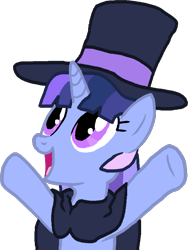 Size: 529x703 | Tagged: safe, oc, oc only, oc:flawless sparklemoon, pony, unicorn, my little pony the movie: the death of twilight sparkle, armpits, cloak, clothes, cute, female, fusion, fusion:trixie, fusion:twilight sparkle, fusion:twixie, hat, hooves in air, horn, joy, looking up, mare, open mouth, open smile, rainbowshining, raised hoof, simple background, smiling, solo, top hat, transparent background