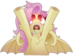 Size: 5930x4514 | Tagged: safe, artist:cutepencilcase, fluttershy, bat pony, pony, g4, absurd resolution, chest fluff, cute, drool, female, floppy ears, flutterbat, glowing, glowing eyes, hooves in air, leg fluff, looking up, mare, race swap, shyabates, shyabetes, simple background, solo, spread wings, transparent background, underhoof, wings