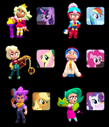 Size: 720x839 | Tagged: artist needed, safe, applejack, fluttershy, pinkie pie, rainbow dash, rarity, twilight sparkle, alicorn, pegasus, pony, unicorn, g4, bandana, bonnie (brawl stars), brawl stars, brawler, charlie, charlie (brawl stars), charlotte, charlotte (brawl stars), clothes, comparison, crossover, crown, dress, female, gown, helmet, horn, jacket, janet, janet (brawl stars), jewelry, lola, lola (brawl stars), makeup, mandy, mandy (brawl stars), mane six, mare, pants, regalia, shelly (brawl stars), shelly shotgun, shelly shotgun (brawl stars), shirt, shorts, supercell, twilight sparkle (alicorn)