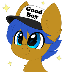 Size: 2436x2674 | Tagged: safe, artist:pegamutt, oc, oc only, oc:crushingvictory, pegasus, pony, blue eyes, bust, chest fluff, commission, cute, ear fluff, good boy, happy, hat, male, simple background, smiling, solo, transparent background, ych result