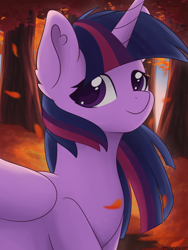 Size: 1500x2000 | Tagged: safe, artist:maravor, twilight sparkle, alicorn, pony, g4, autumn, falling leaves, female, leaves, mare, outdoors, smiling, solo, tree, twilight sparkle (alicorn)