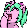 Size: 112x112 | Tagged: safe, oc, oc only, oc:magicalmysticva, pony, unicorn, emote, emotes, eyes closed, female, giggling, horn, laughing, open mouth, picture for breezies, pigtails, pink body, pink coat, raised hoof, simple background, solo, teal mane, transparent background, twintails