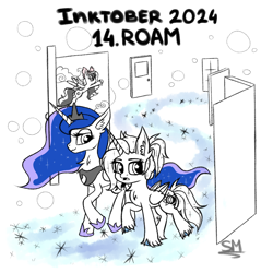 Size: 1000x1000 | Tagged: safe, artist:sunamoonmlp, derpibooru exclusive, princess luna, oc, oc:fleurbelle, oc:sunamoon, alicorn, pony, g4, cute, dream, dream doors, dream realm, dream walker luna, female, horn, inktober, inktober 2024, wings