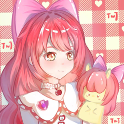 Size: 1080x1080 | Tagged: safe, artist:ttwj, apple bloom, human, g4, bow, checkered background, choker, clothes, collared shirt, hair bow, hand puppet, humanized, jewelry, pendant, shirt, smiling, solo, upper body