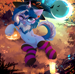 Size: 3398x3384 | Tagged: safe, artist:empress-twilight, oc, oc only, oc:stella, bat, kirin, belly, belly button, blushing, candle, chest fluff, clothes, commission, ear fluff, eye clipping through hair, eyebrows, female, glasses, grass, halloween, hat, holiday, jack-o-lantern, kirin oc, leonine tail, mare, moon, one eye closed, outdoors, pumpkin, socks, solo, striped socks, tail, tongue out, tree, wink, witch hat, ych result