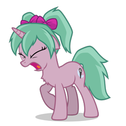 Size: 2800x2800 | Tagged: safe, artist:oblivionfall, oc, oc only, oc:magicalmysticva, pony, unicorn, bow, chest fluff, eyes closed, female, floppy ears, frustrated, frustration, hair bow, horn, open mouth, pigtails, pink body, pink coat, simple background, solo, teal mane, transparent background, twintails, vector