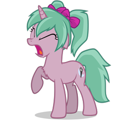 Size: 2800x2800 | Tagged: safe, artist:oblivionfall, oc, oc only, oc:magicalmysticva, pony, unicorn, bow, chest fluff, eyes closed, female, floppy ears, frustrated, frustration, hair bow, horn, irritated, open mouth, pigtails, pink body, png, raised hoof, simple background, solo, teal mane, transparent background, twintails, vector