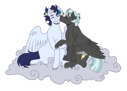 Size: 3500x2500 | Tagged: safe, artist:monnarcha, soarin', thunderlane, pony, g4, cloud, duo, duo male, floral head wreath, flower, gay, kissing, male, on a cloud, ship:soarilane, shipping, simple background, sitting, sitting on a cloud, transparent background