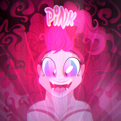 Size: 2090x2090 | Tagged: safe, artist:sixes&sevens, pinkie pie, human, fanfic:the sunset archives, equestria girls, g4, cute, cute little fangs, fanfic, fanfic art, fanfic cover, fangs, glowing, messy mane, pink, smiling