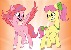 Size: 1701x1200 | Tagged: safe, artist:prixy05, posey bloom, windy, earth pony, pegasus, pony, g5, my little pony: tell your tale, duo, duo female, female, friends, looking at each other, looking at someone, mare, orange background, physique difference, slender, thin, unitober 2024